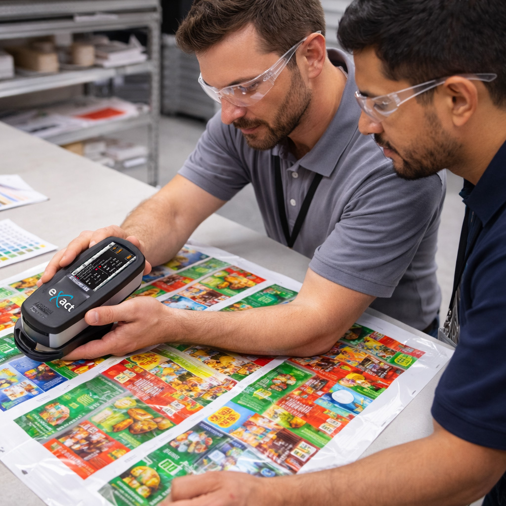 Dos técnicos de Bosisio Flexo midiendo color en un impreso flexográfico flexible con densitómetro X-Rite eXact Basic